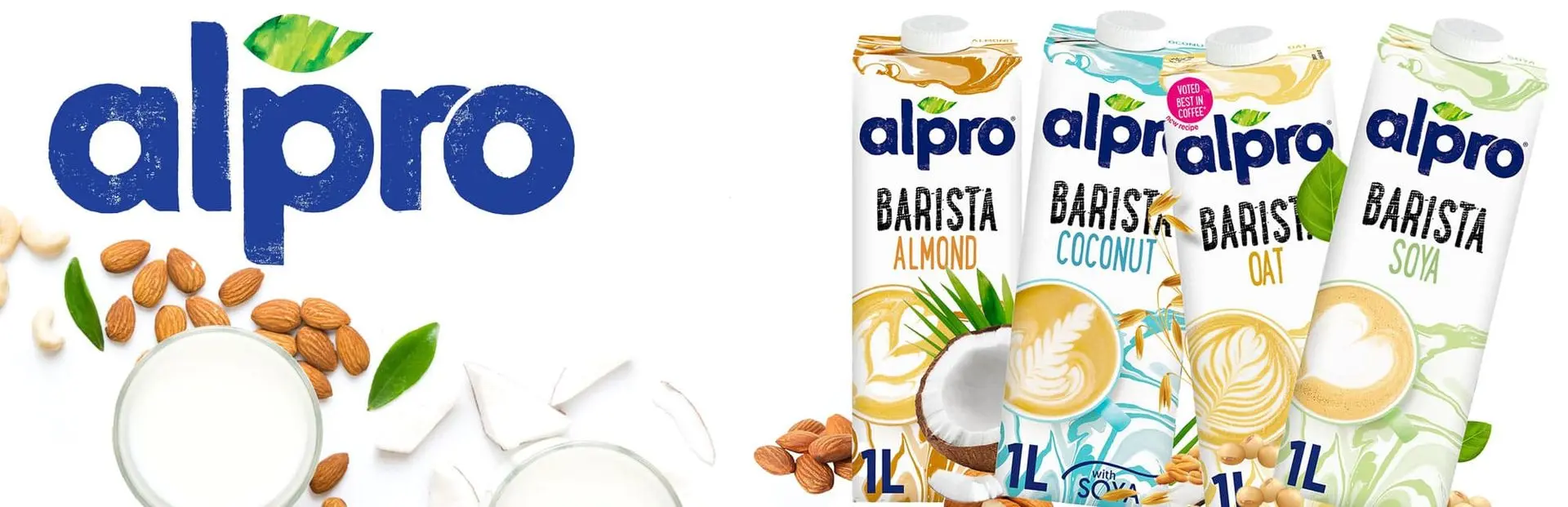 Alpro Soya Milk, Almond Milk, Coconut Barista